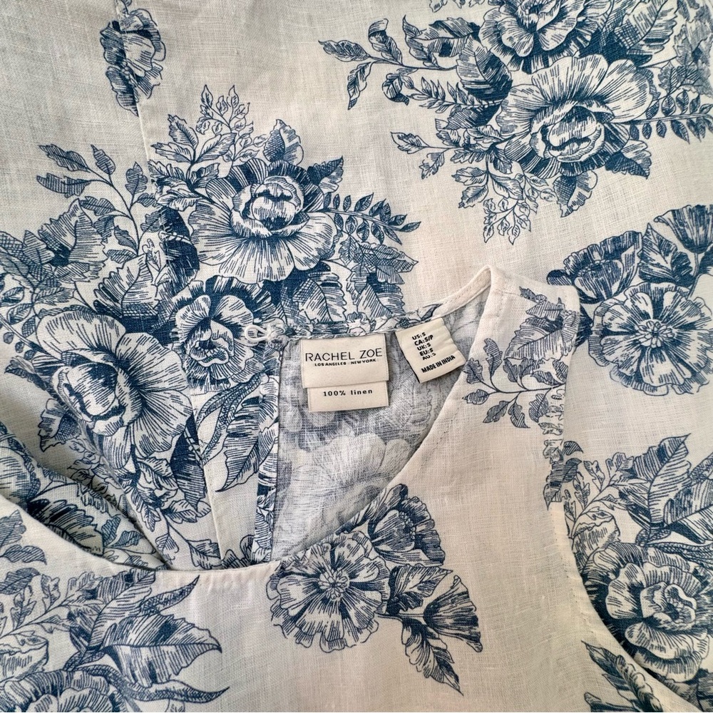 Rachel Zoe Blue White Floral Linen Shift Dress w/pockets Sleeveless Small - Picture 7 of 7